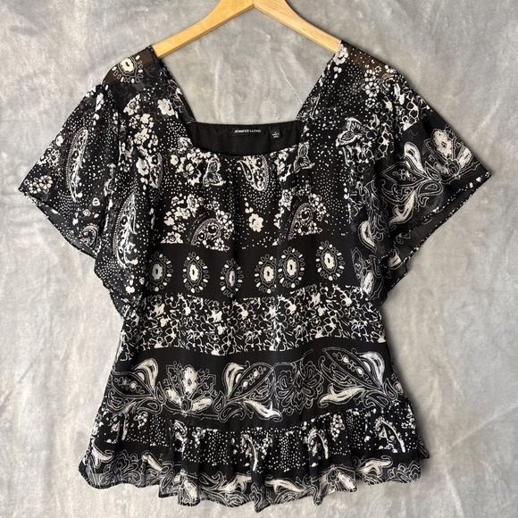 Jennifer LLoyd Blouse Top Women's Size Small Black Short Sleeve Lined Sheer - Picture 1 of 12
